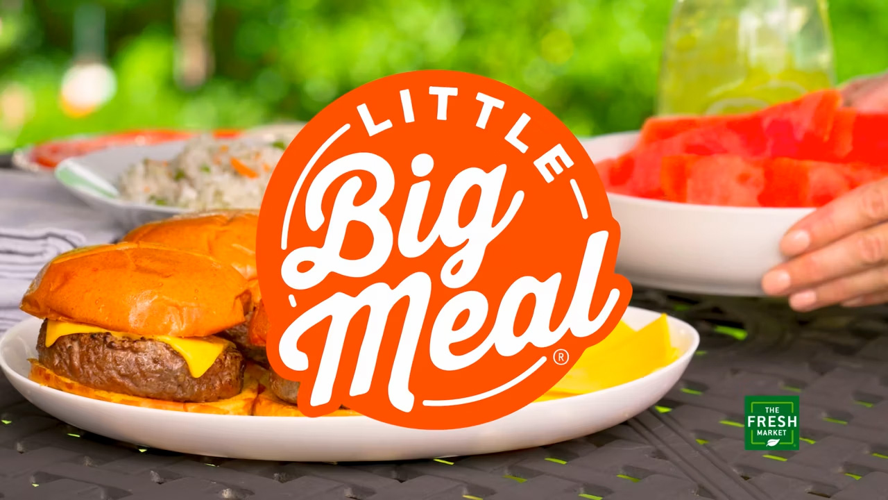 The words "Little Big Meal" in front of food for a Fresh Market commercial.