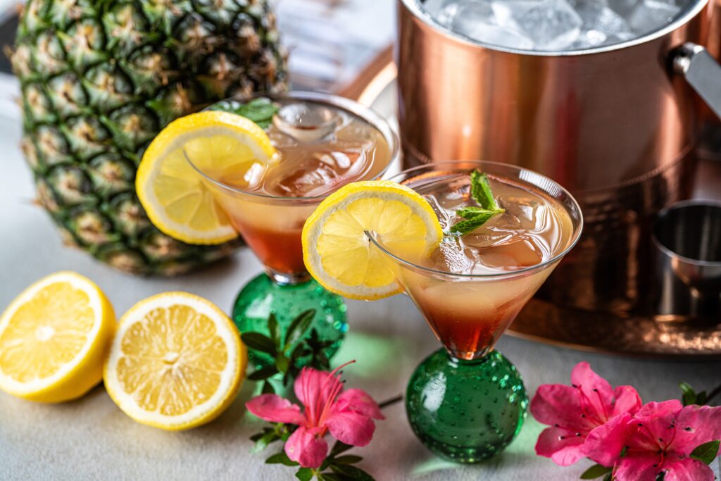 Mixed drinks on a table for a Fresh Market video.