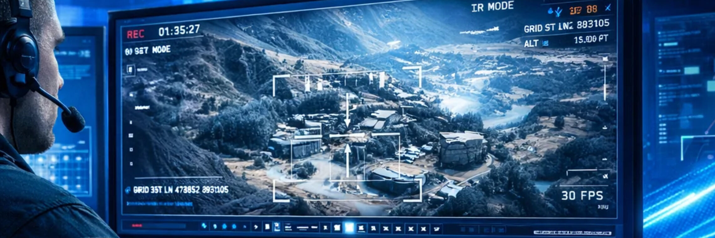 Man with headset monitoring drone footage on screen, software and technology video production