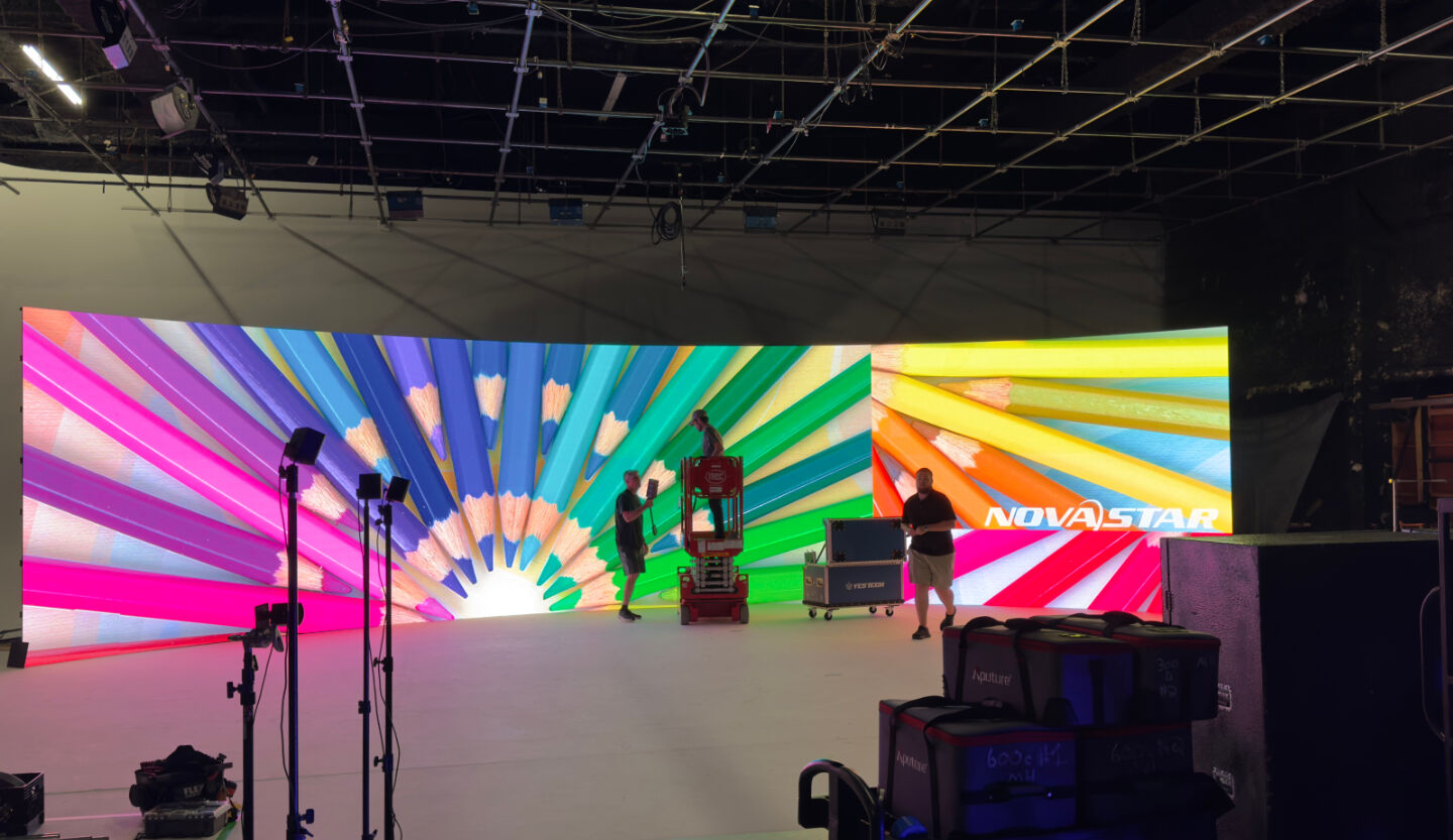 LED video wall with Novastar display being set up in production studio for commercial shoot