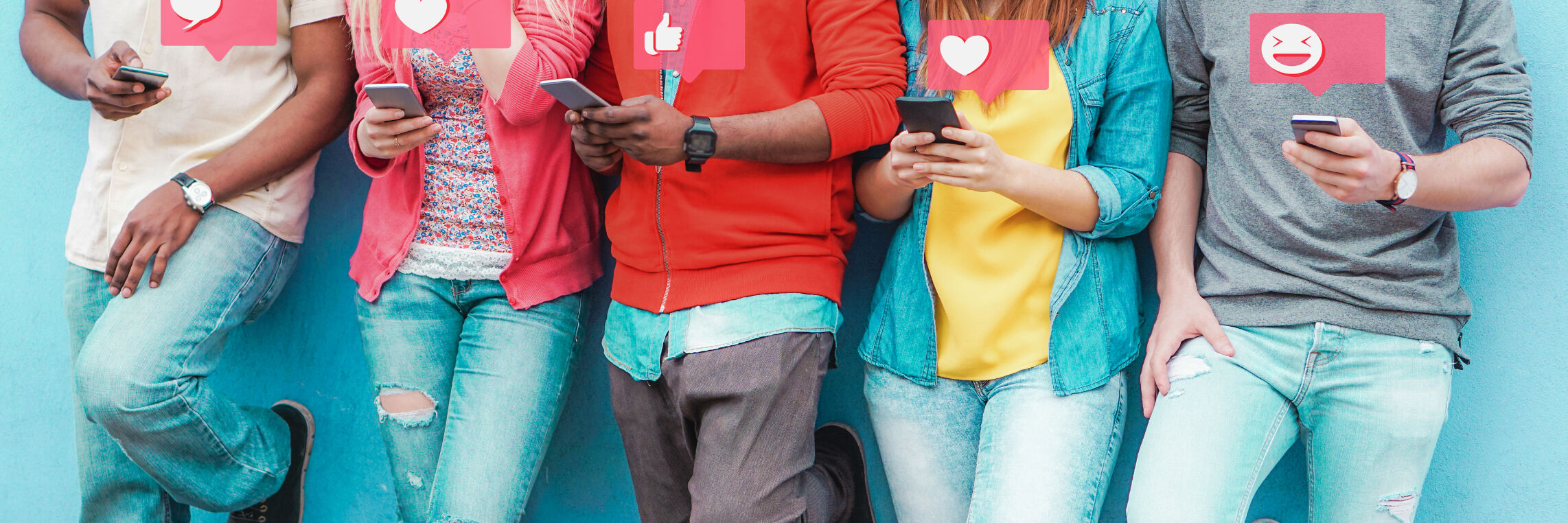 Group of people on smartphones with social media engagement icons