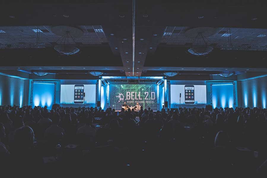 Packed conference ballroom for the Bell 2.0 Reboot Recharge Refocus event, K2 Productions AV services